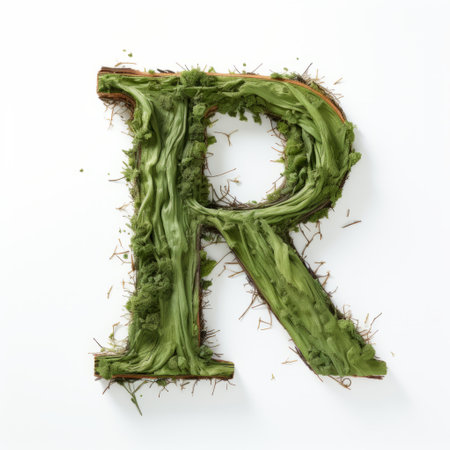 the letter "r" is creatively formed using grass made from leaves on a white background. this unique artwork draws inspiration from the styles of kim keever and patricia piccinini, combining elements of realist still life and moody still lifes. the use of fabric, fragmented advertising, and wood adds depth and texture to the composition. ai generatedの素材
