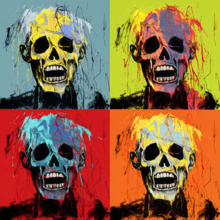 three skulls, part of a vibrant and eye-catching set, are depicted in a pop art-inspired style. the dark and brooding designer captures candid shots of famous figures, resulting in a visually striking image. splattered and dripped with dark aquamarine and red, this electric-colored photograph is reminiscent of an associated press photo. ai generatedの素材
