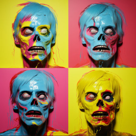 four vibrant and electric-colored zombies, each painted in a different hue, are depicted on a sheet. this contemporary realist portrait photography captures the essence of neo-pop iconography and pop-inspired installations. the image showcases elements of fashion photography, featuring skull motifs and a striking yankeecore aesthetic. ai generatedの素材