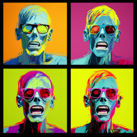 four pop art-inspired portraits of colored skulls with red eyes, each placed in different glasses. these intense and vibrant beach portraits capture the movement and expression of the subjects. the use of pseudo-infrared adds a unique touch to these iconic album cover-like images. the vibrant play of light and shadow enhances the zombiecore aesthetic of the artwork. ai generatedの素材