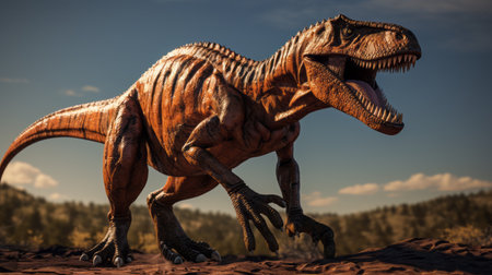 an animated t-rex, with photorealistic detail and jagged edges, walks along a path. the image is digitally enhanced, featuring a dark orange and white color scheme. the realistic detailing brings the t-rex to life, creating a dynamic and action-packed scene. ai generatedの素材