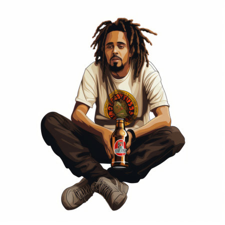 a man with dreadlocks sits on the ground, embodying the iconic pop culture caricatures in a hip-hop style. this portrait by john larriva, known for his mcdonaldpunk art, captures the essence of celebrity portraits with personality. the colored cartoon style reminiscent of jessie arms botke adds a vibrant touch to this unique and eye-catching image. ai generatedの素材