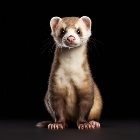 a ferret with expressive body language sits on a black background, reminiscent of the style of mike campau. the ferret's strong facial expression, inspired by raphaelle peale, captivates the viewer. the light crimson and beige tones add depth and warmth to the image, reminiscent of the work of stephen shortridge. this unique composition showcases the ferret's teethcore. ai generatedの素材
