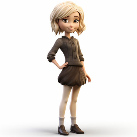 a 3d render of a female character with a cartoonish innocence, reminiscent of youthful protagonists in animated films. the character is portrayed in a dark beige color palette, inspired by the simple and elegant style of arthur sarnoff. the design also incorporates elements of anime-inspired aesthetics, paying homage to the pioneers of animated films. ai generatedの素材