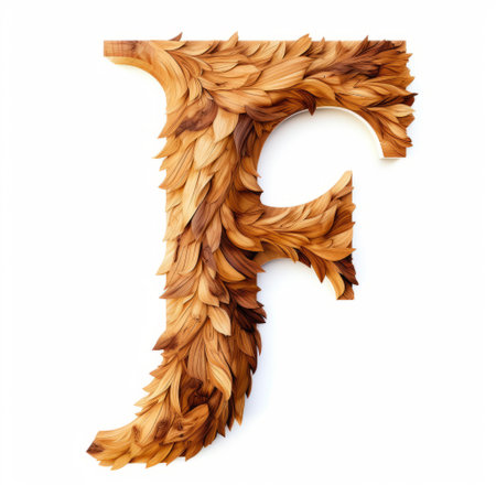a letter "f" created using tree branches and leaves, resembling fur and feathers texture in the style of iris van herpen. this meticulously detailed still life showcases the artistry of wood sculptor mahiro maeda, with bold brushwork against a white background. ai generatedの素材
