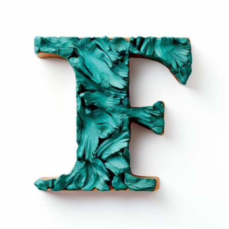 turquoise painted letter "f" isolated on a white background. this stock photo showcases a surrealistic botanical style with nature-inspired camouflage. the dark indigo and green colors create a photo-realistic still life effect, resembling carved wood blocks. the frayed edges add an organic fluidity to the overall composition. ai generatedの素材