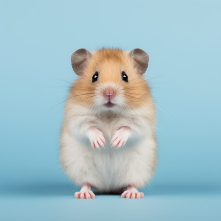 a hamster, with expressive body language, sits on a blue background. the hamster's fur is a combination of light gray and amber colors. the photo is inspired by the artistic styles of caras ionut, kitty lange kielland, and reuben nakian. it is captured using a wide-angle lens, showcasing the hamster in an extremely gendered manner. ai generatedの素材