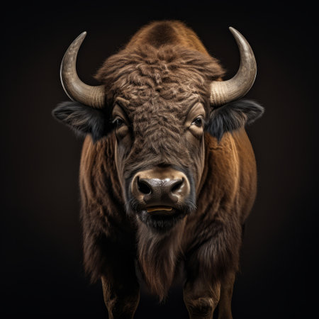 a buffalo with horns stands against a black background, captured in the style of the dusseldorf school of photography. the dark beige and amber tones create an emotionally charged portrait, enhanced by bold colorism. the large format lens highlights the buffalo's bold character design, resulting in a captivating and powerful image. ai generatedの素材