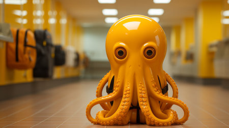 the octopus, rendered in cinema4d, is depicted sitting upright. its vibrant yellow color adds a touch of industrial and product design aesthetics. this unique artwork serves as a critique of consumer culture, with elements of neopunk and ocean academia. the soft-focus technique used enhances the overall visual appeal. ai generatedの素材