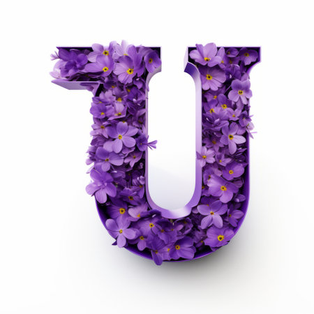 a close-up photo of a purple floral letter "u" created using a variety of flowers, set against a sunny white background. the letter is rendered in the style of kazuki takamatsu and has an ultra-realistic appearance, resembling a scene from a video game created with unreal engine. the monochromatic color scheme adds to the overall aesthetic of the image. ai generatedの素材