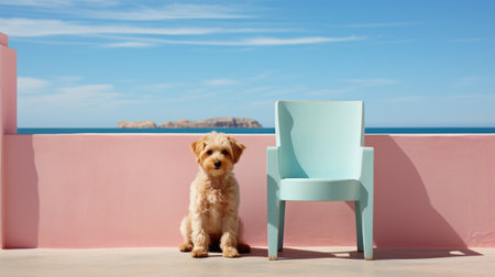 a dog exploring furniture in a pink building, surrounded by serene beige and azure tones reminiscent of calm seas and skies. the dynamic outdoor shots captured with a tom's barcel or konica big mini camera showcase the vibrant colors of light orange and aquamarine. the image is characterized by its sharp focus. ai generatedの素材