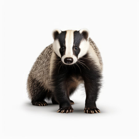 cute badger on white background, isolated photo capturing the expressive body language of the animal. the style of bob byerley and daniel buren is evident in the orderly symmetry of the composition. this national geographic-inspired image, shot in large format film by frank quitely, showcases the beauty and charm of this adorable creature. ai generatedの素材
