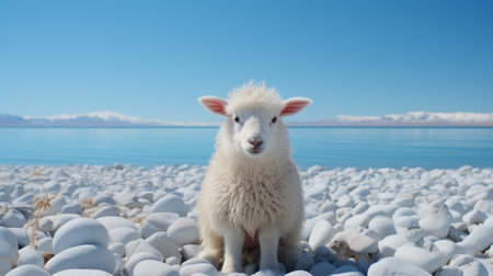 a white sheep stands amidst a stone field, surrounded by a serene lake. this captivating photo captures the essence of marine biology-inspired beauty and playful innocence. with elements of terragen and a touch of contest-winning perfectionism, the image exudes immaculate perfection. the sheep's presence adds a kimoicore charm, while the setting evokes a sense of working-class empathy. ai generatedの素材