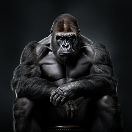a huge gorilla sits by the fireplace on a dark background, captured in the style of emotionally charged portraits known as tanbi kei. this photograph showcases photographically detailed portraitures, with a studio portrait aesthetic and precisionist approach. the gorilla's strong facial expression highlights the intricate human anatomy. ai generatedの素材