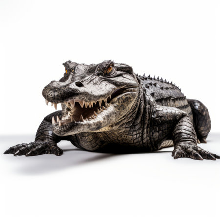 an alligator, captured in the style of tintype photography, is isolated on a white background. its teeth and mouth are open, creating a dramatic effect with the use of softbox lighting. the image showcases the play of light and shadow, enhancing the photo-realistic techniques. shot with a sony alpha a7 iii, this narrative-driven visual storytelling piece features a captivating gray and bronze color palette. aiの素材