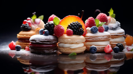 a collection of top 7 chocolate dessert images awaits dessert lovers. these images showcase elaborate fruit arrangements, bokeh panorama, detailed miniatures, biedermeier, dark white and pink, nocturne, and high dynamic range styles. indulge in the visual delight of these delectable treats. ai generatedの素材