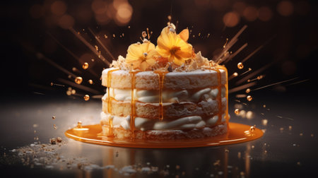 colorful honey cake with sprinkles, showcasing striking digital surrealism. this visually captivating image features luxurious textures and a blend of light orange and light gold tones. created using photobashing techniques and rendered in maya, this artwork embodies the enchanting aesthetic of bloomcore while telling a captivating visual story. ai generatedの素材