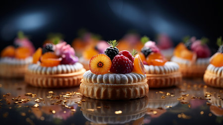a platter of fruit-filled pastries, beautifully captured in a photorealistic pastiche style. the pastries showcase a delightful combination of light silver and dark orange hues, creating a visually appealing contrast. the photograph, taken with a konica big mini or nikon af600, exudes refined elegance through its photorealistic rendering. ai generatedの素材