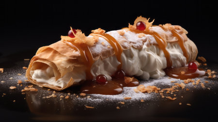 a christmas cake pastry is placed in the center of a plate, accompanied by butter and sauce. the photo is captured in a baroque style with dramatic lighting, giving it an infrared effect. the motion blur panorama adds a dynamic touch to the image. luxurious drapery in white and amber hues enhances the overall aesthetic. the photo is taken using a hasselblad h6d-400c camera, resultingの素材