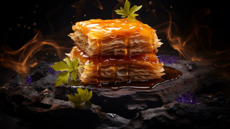 fried pastries floating on fire, creating a captivating image against a black background. this photograph showcases the orientalist landscape style, with its luxurious textures and multilayered surfaces. the use of split toning enhances the visual appeal, while the fujifilm velvia adds depth and richness. these delectable pastries, made of cheese, evoke a sense of historical charm. ai generatedの素材