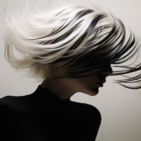 the woman in the photo has a striking hairstyle with black and white hair flowing freely. the style features multidimensional layers and smooth, curved lines, creating a dramatic effect. the use of shadows adds depth to the image, giving it a liquid metal-like appearance. this close-up shot showcases the intricate details of the salon kei hairstyle in high resolution. ai generatedの素材