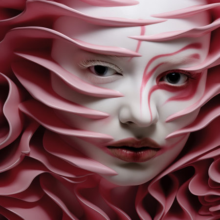 a woman's face adorned with red rose petals, creating a futuristic chromatic wave effect. the artistic style of daz3d brings out the vibrant colors of white and pink, while the surrealistic ceramics add an element of surprise. trompe-l'oeil folds and ultrafine details enhance the overall intricacy, making this image a captivating portrayal of imaginative characters. ai generatedの素材