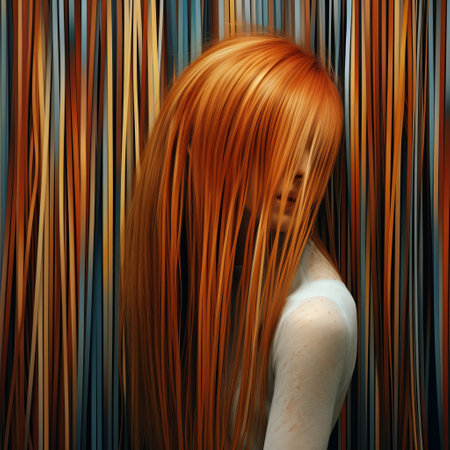 an orange-haired person with long streaks of vibrant colors, resembling illusory wallpaper portraits, is captured in this photorealistic composition. the image evokes a sense of wonder, reminiscent of a national geographic photo. the subject is slumped and draped, surrounded by captivating color stripes, creating an urban fairy tale ambiance reminiscent of the works of burne-jones. ai generatedの素材