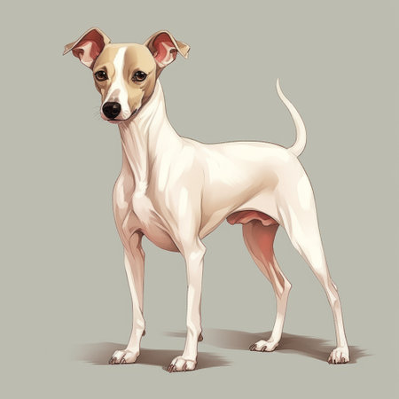 a white terrier dog cartoon design featuring realistic usage of light and color. the design showcases light yellow and light crimson tones, with delicate markings and subtle shading. the cartoon also includes realistic renderings of the human form, depicting an aristocratic theme. the color palette consists of dark beige and light beige shades. ai generatedの素材