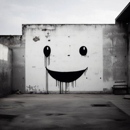 the white smiley face, painted on walls in a black and white grayscale style, is a kawaii street art piece captured in this uhd image. the minimalist photography highlights the post-processing techniques used to enhance the tagging-like marks and found-object-centric nature of the artwork. ai generatedの素材