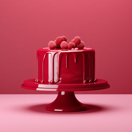 a red cake stand adorned with white sugar and berries is showcased in this vibrant photo. the style of the image is reminiscent of zbrush, with its vibrant color usage and light magenta tones. the dripping paint adds an artistic touch, while techniques like ambient occlusion, focus stacking, and monochromatic depth enhance the overall visual appeal. ai generatedの素材