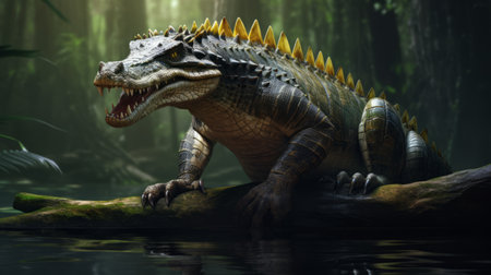 a massive lizard dominates the jungle wallpaper, showcasing a hyper-realistic and intricately detailed rendering. the use of vray technology enhances the lifelike appearance, while the hyper-realistic water adds depth to the image. this artwork draws inspiration from renowned artists such as john larriva, duckcore, and pieter claesz. the ultra-high-definition (uhd) quality of the image ensures a visually stunning experience. ai generatedの素材