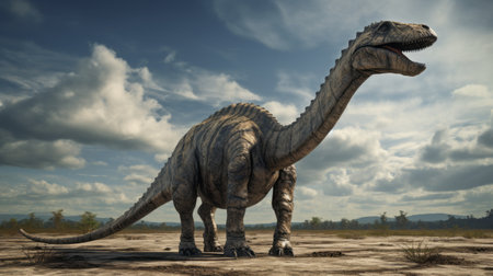 dinosaur walking in dirt with light reflecting off face, in photorealistic style. rendered in 8k resolution by mike campau, featuring realistic blue skies. inspired by the historical artwork of jan van ravesteyn. created using physically based rendering techniques. ai generatedの素材