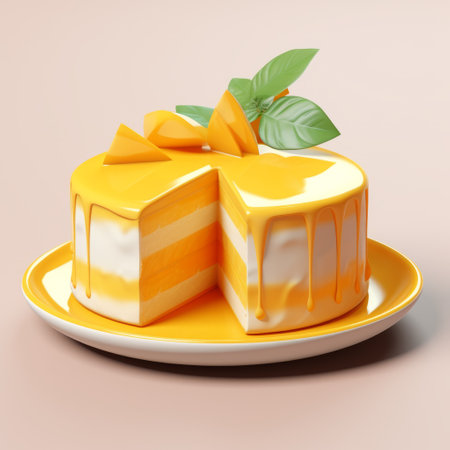 a 3d representation slice of mango cake cake ibav, showcasing graphic design-inspired illustrations with fluid color combinations. the use of tilt-shift lenses adds a unique touch to the image, while the glazed earthenware adds a touch of elegance. the simplicity of the design is enhanced by the monochromatic color palette, creating a cute and dreamy aesthetic. this stunning image is rendered in cinema4d. ai generatedの素材