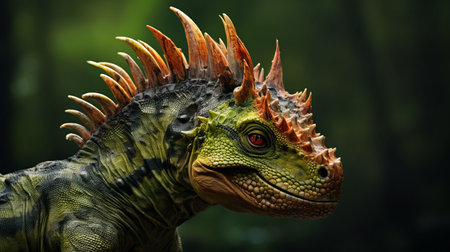 a hyperrealistic wildlife portrait of a dinosaur in the jungle, surrounded by lush green leaves and trees. the dark red and light orange hues create an intense atmosphere, while the close-up shot showcases intricate details. the baroque animal stands out against the backdrop, with spiky mounds adding depth to the composition. captured using photo-realistic techniques at iso 200. ai generatedの素材