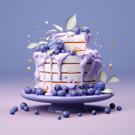 a 3d cake with typography in purple and blueberry ice cream, resembling a delicate composition. this fantasy illustration by jeeyoung lee features a light navy and light gold color scheme. captured with a sony alpha a7 iii, the image showcases a tender depiction of nature, with a touch of whimsy. ai generatedの素材