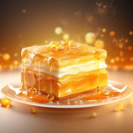 cakes with honey pouring over them, depicted in a realistic hyper-detailed rendering. the image showcases a realistic depiction of light, with shades of gold and amber creating a dreamlike atmosphere. the rectangular fields of the cakes add a touch of symmetry, while the layers of texture bring depth to the illustration. created by artist mike campau. ai generatedの素材