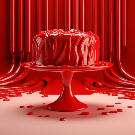 a vibrant and surreal cupcake with a red cake takes center stage in this artistic photograph. the flowing surrealism style is enhanced by vibrant stage backdrops, creating a visually captivating scene. created using zbrush, the cupcake appears to melt into the surrounding pots, adding a touch of monochromatic depth. the extravagant table settings further enhance the overall aesthetic, making this 3d creation truly mesmerizing. aiの素材