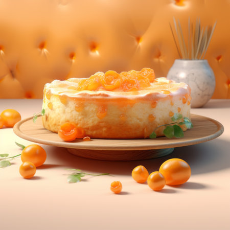 a photorealistic rendering of a cake adorned with oranges and sprinkled with sugar. this 3d masterpiece showcases a cranberrycore design, with luminous and realistic elements. the cake follows a chinapunk aesthetic, featuring a light orange hue and a captivating monochromatic scheme. ai generatedの素材