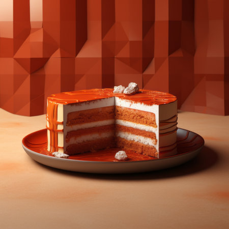 a sliced orange cake sits on a plate against a vibrant, colorful background. rendered in cinema4d, this installation-based image by oleksandr bogomazov showcases simplicity and monochromatic color palettes. the light white and light crimson hues create a visually striking contrast. the hyper-realistic details and richly layered composition add depth to this captivating photograph. ai generatedの素材