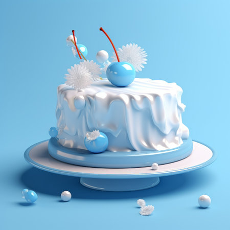 a blue icing cake with cherries is showcased on a platter in this zbrush-inspired photograph. the minimalistic design exudes movement, reminiscent of snow scenes. the cheerful colors, including light blue and white, create a vibrant and inviting ambiance. the image also incorporates elements of ambient occlusion, adding depth and realism. the konica big mini camera captures the scene beautifully. ai generatedの素材