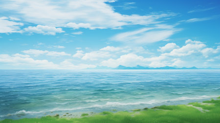 a stunning hd wallpaper capturing the beauty of nature with lush green grass and tranquil water. this artwork is reminiscent of the sea and coast paintings, featuring an anime-inspired style and a flattened perspective. the serene oceanic vistas are enhanced by the use of a ricoh ff-9d camera, resulting in sky-blue tones and isolated landscapes. ai generatedの素材