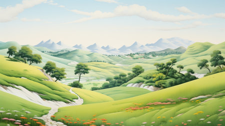 a white hill stands prominently in a picturesque hilly landscape, reminiscent of a storybook illustration by fang lijun. the detailed background elements add depth to the large canvas format, while the light orange and green hues create a realistic and pastoral scene. the artist's meticulous rendering captures the beauty of nature in this captivating artwork. ai generatedの素材