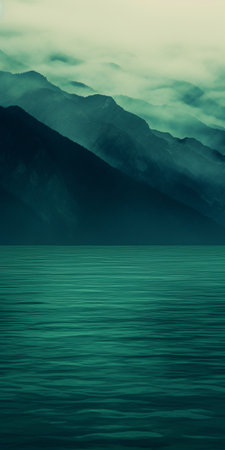 a shoreline wallpaper featuring a calming and introspective aesthetic. the image showcases a beautiful shoreline with clear water in shades of dark green and light aquamarine. captured through webcam photography, the scene is enhanced by the contrasting colors of dark turquoise and light brown. the mountainous vistas add a touch of serenity, while the juxtaposed imagery creates a swiss-style ambiance. ai generatedの素材