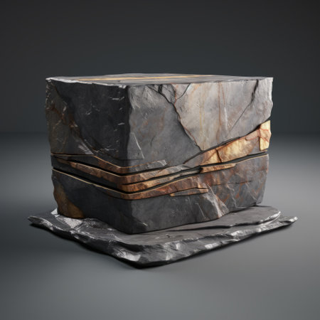 a rock carving with a brown and black texture is showcased in this 3ds max artwork. the carving is inspired by the style of cubo-futurism, featuring realistic lighting that highlights the dark gray and light gold tones. rendered in unreal engine, the artwork boasts texture-rich surfaces that are wrapped in a hyper-realistic oil finish. ai generatedの素材
