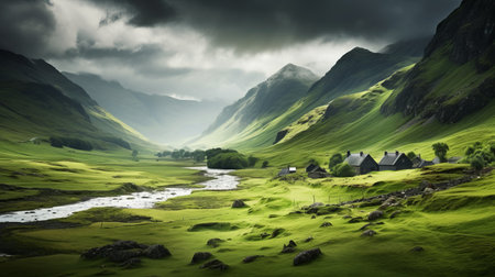 scottish valley mountainscape captured by robin luther showcases a stunning landscape with a pastoral charm. this national geographic photo, created in the style of matte painting, features high-key lighting that enhances the beauty of the green and black hues. with its adventure-themed and post-processed elements, this image is a visual treat for nature enthusiasts. ai generatedの素材