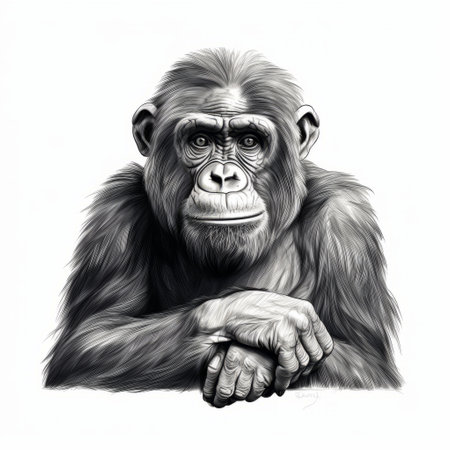 a black and white drawing of a gorilla, showcasing pensive portraiture and hyper-realistic animal illustrations. the artwork features undefined anatomy, reminiscent of celebrity portraits with personality. the style also incorporates elements of taxidermy, flat shading, and realistic renderings of the human form. ai generatedの素材