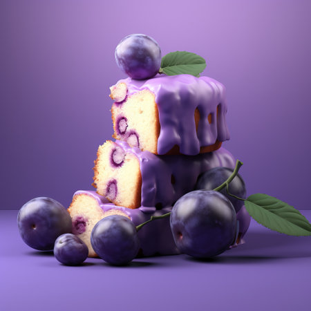 a 3d rendered image of a plum cake placed against a vibrant plum-colored background. the cake is beautifully decorated and looks delicious, with its layers and frosting perfectly displayed. the rich hues of the plum background enhance the overall appeal of this visually stunning composition. ai generatedの素材