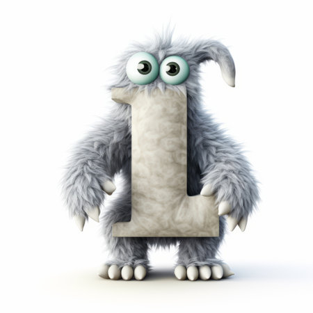 blue cute grey monster with hands holding the letter "l" and eyes. the monster is depicted in a photorealistic style, with attention to fur and feathers texture. the lighting and shadowing are naturalistic, creating a sense of depth. the organic sculpting adds to the realism of the creature. the photo is of high quality and features a white background. ai generatedの素材