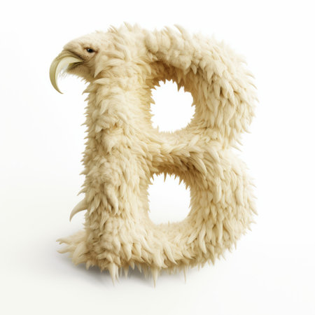 the letter "b" is created with a white sheepskin, resembling realistic avian illustrations. this unique design is brought to life using cinema4d and manticore, incorporating gritty textures. the use of the konica big mini camera adds a distinct touch to the image, while the overall aesthetic is enhanced by the presence of grotesque and spiky mounds. ai generatedの素材