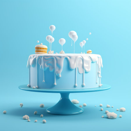 a cake with a generous amount of sugar sits on a vibrant blue background. the cake is beautifully decorated in a style reminiscent of ambient occlusion, with paint dripping and a cloudcore effect. the artistic inspiration of gediminas pranckevicius and carl kleiner is evident in the design. the overall aesthetic is light, white, and sky-blue, making it perfect for a website. ai generatedの素材